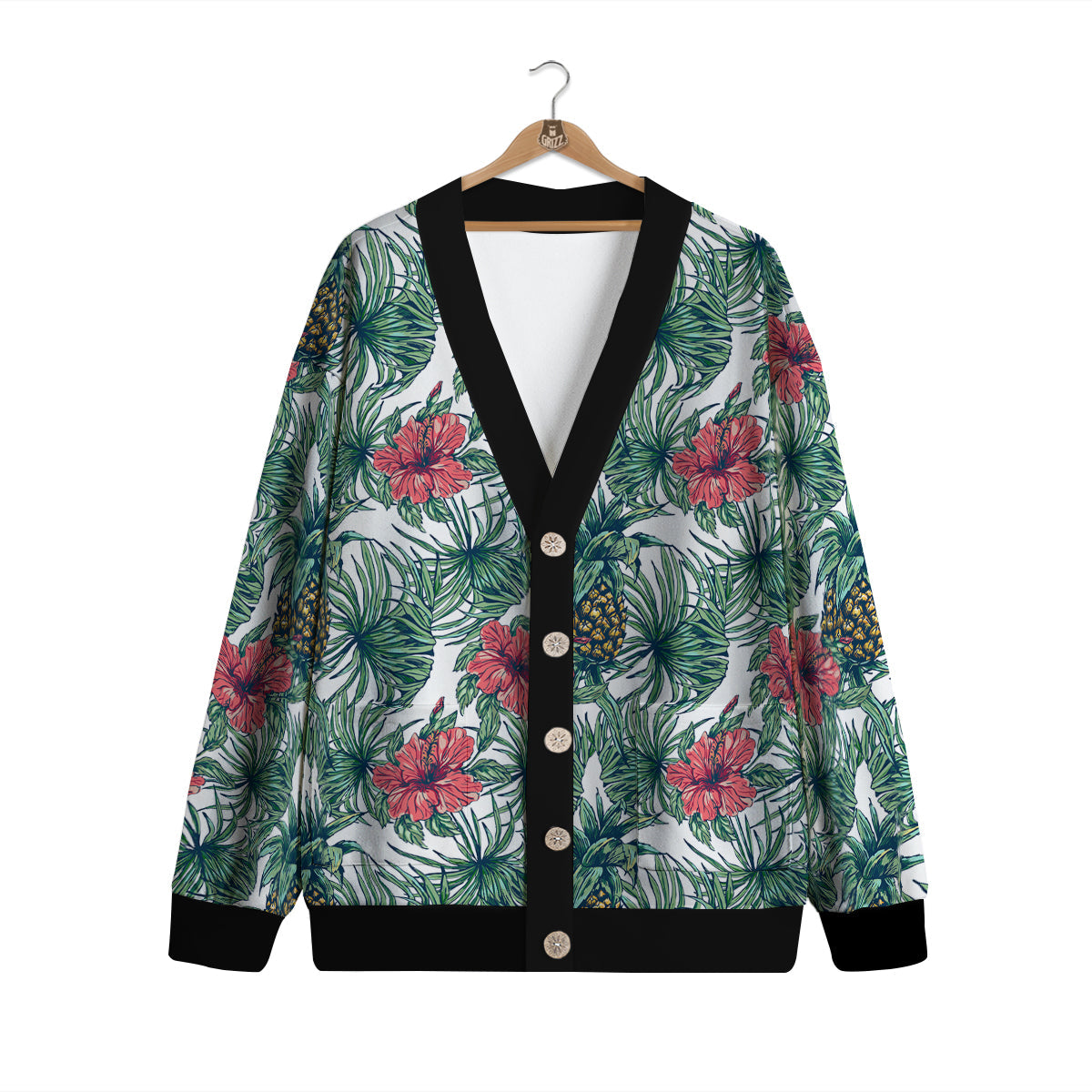 Pineapple White Tropical Print Pattern Cardigan-grizzshop