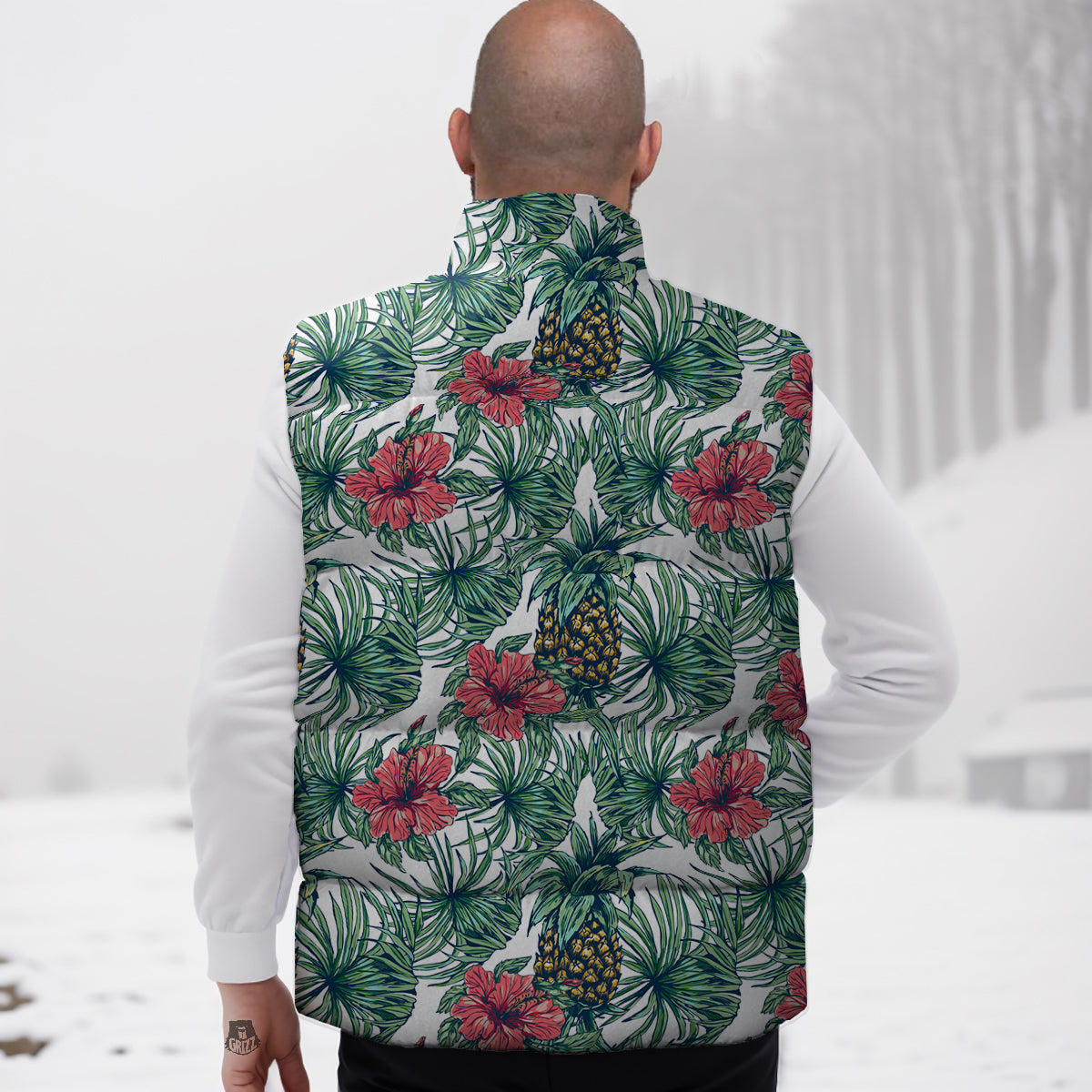 Pineapple White Tropical Print Pattern Down Vest-grizzshop