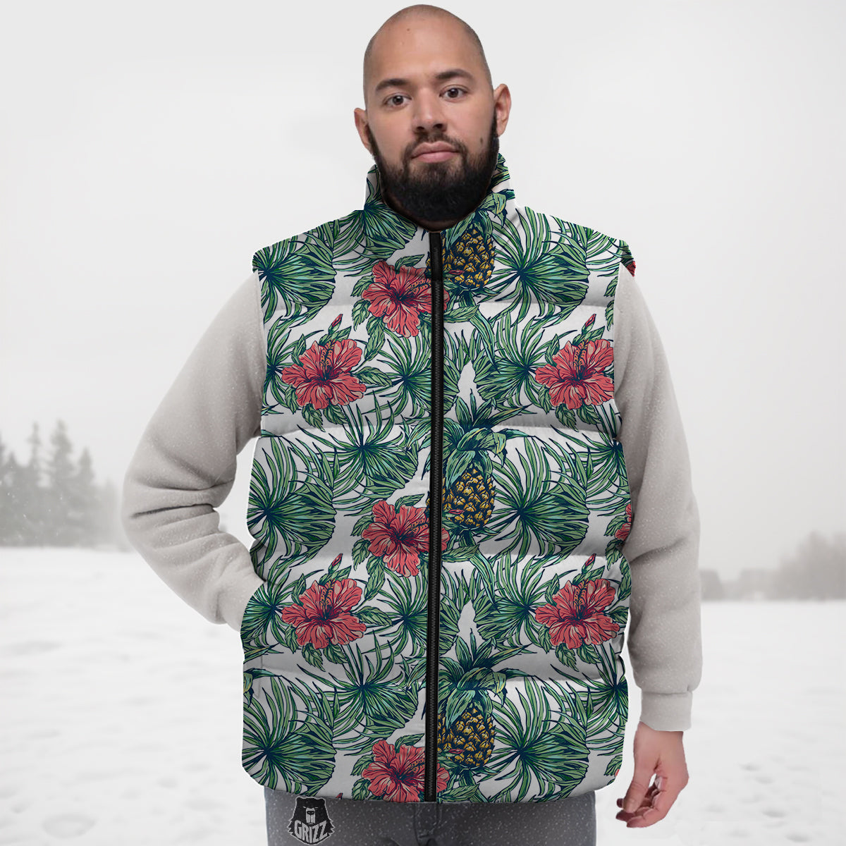 Pineapple White Tropical Print Pattern Down Vest-grizzshop