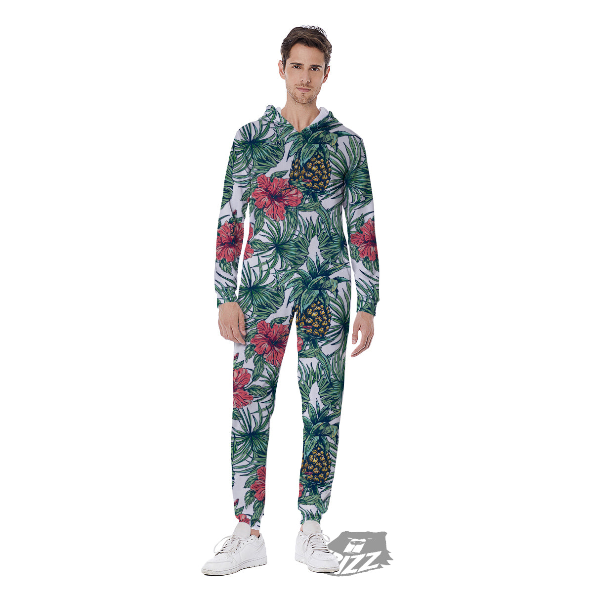 Pineapple White Tropical Print Pattern Men's Jumpsuit-grizzshop