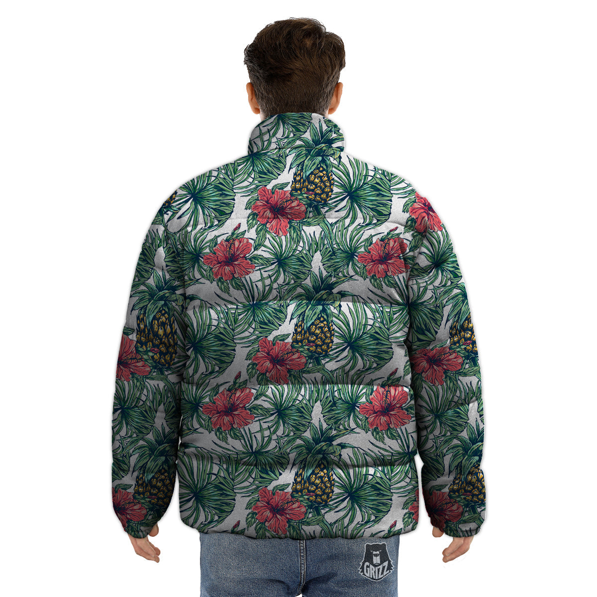 Pineapple White Tropical Print Pattern Puffer Jacket-grizzshop