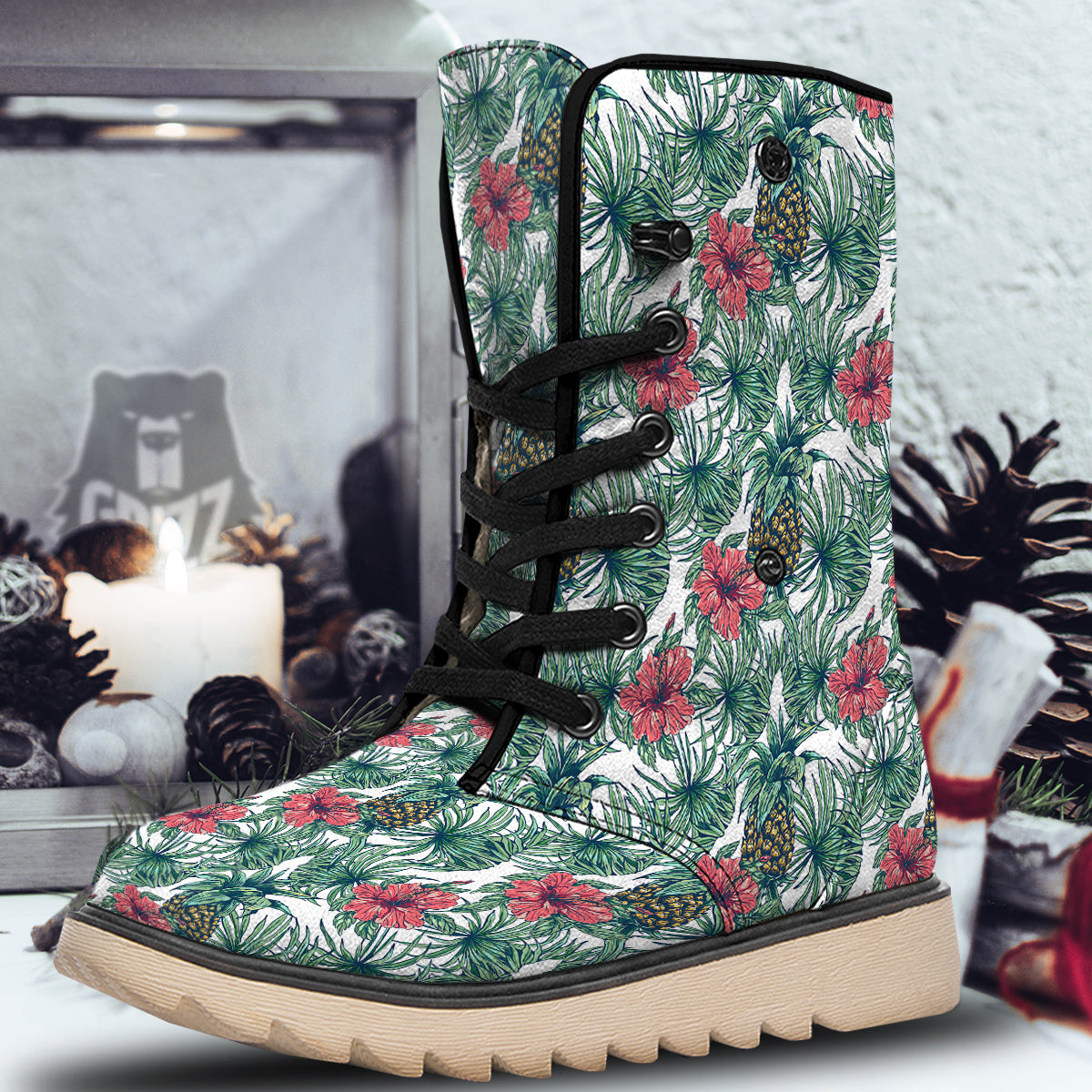 Pineapple White Tropical Print Pattern Snow Boots-grizzshop