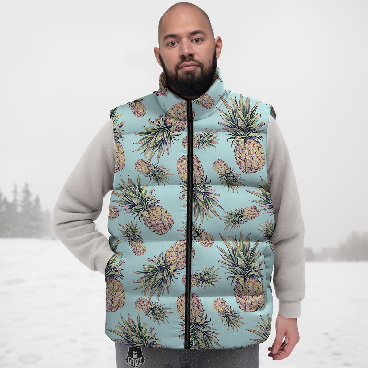 Pineapple White Watercolor Print Pattern Down Vest-grizzshop
