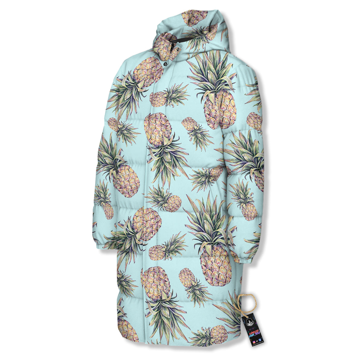 Pineapple White Watercolor Print Pattern Long Down Jacket-grizzshop