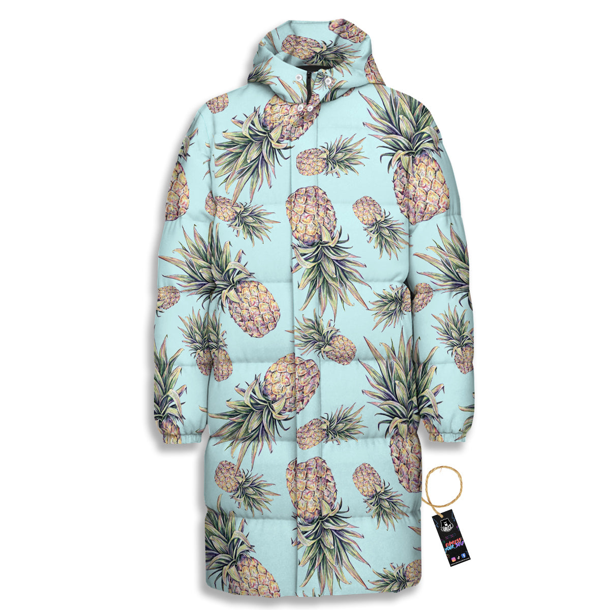Pineapple White Watercolor Print Pattern Long Down Jacket-grizzshop