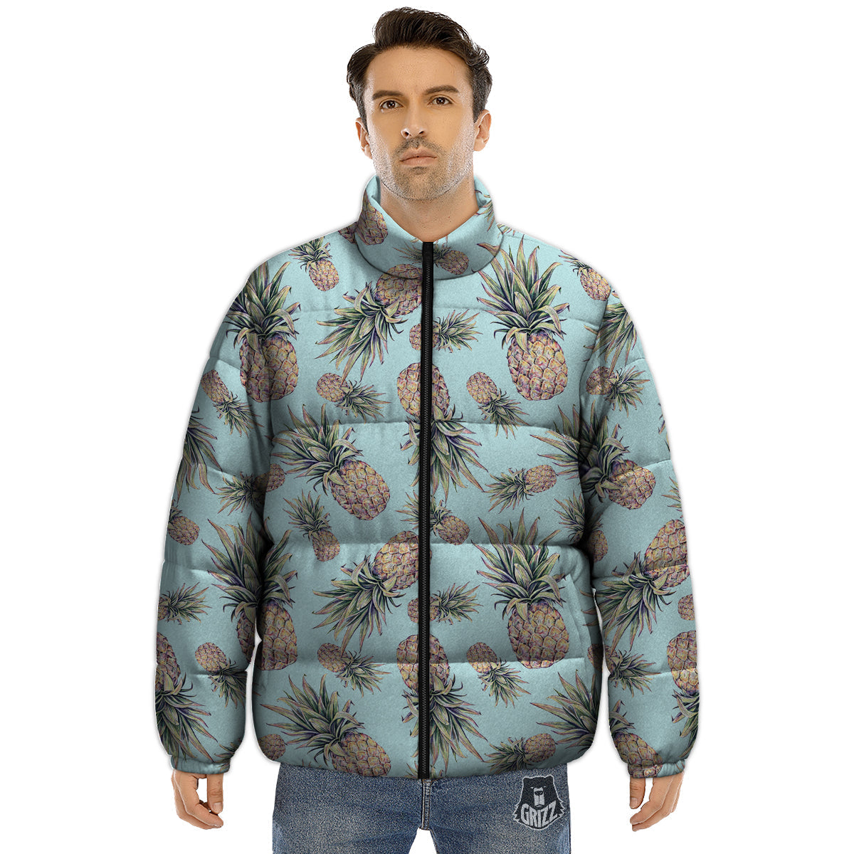 Pineapple White Watercolor Print Pattern Puffer Jacket-grizzshop