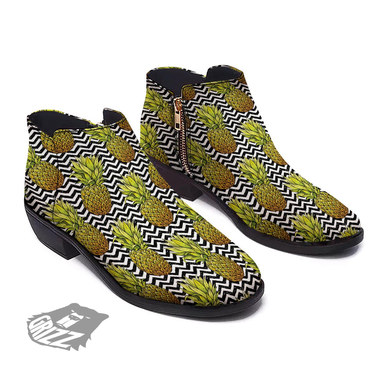 Pineapple White Zig Zag Print Pattern Ankle Boots-grizzshop