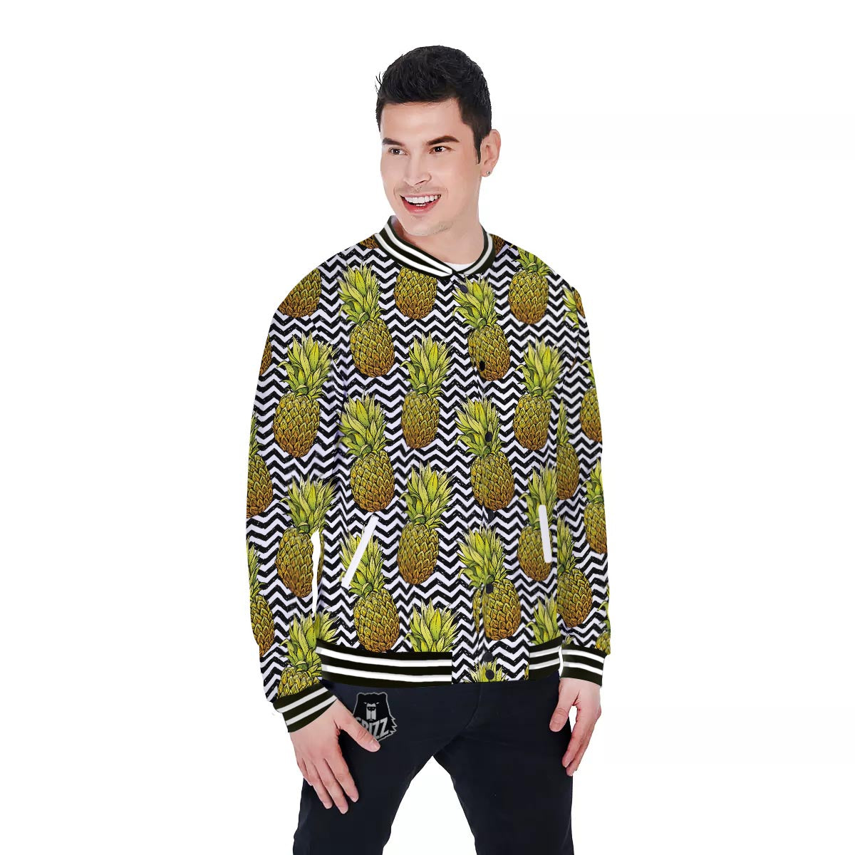 Pineapple White Zig Zag Print Pattern Baseball Jacket-grizzshop
