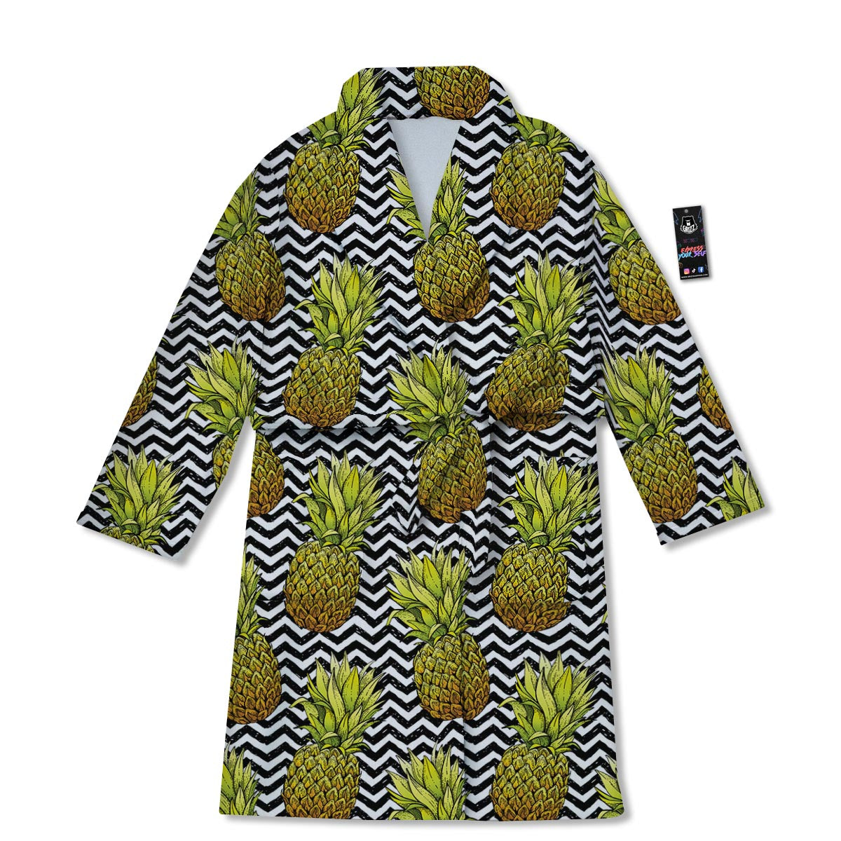 Pineapple White Zig Zag Print Pattern Bathrobe-grizzshop