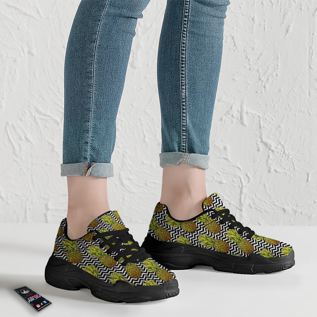 Pineapple White Zig Zag Print Pattern Black Chunky Shoes-grizzshop