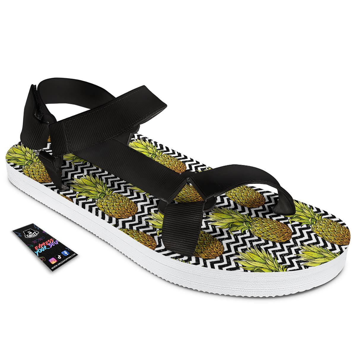 Pineapple White Zig Zag Print Pattern Black Open Toe Sandals-grizzshop