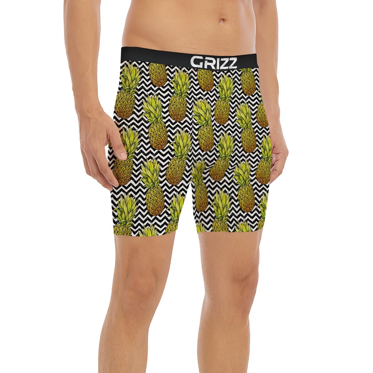 Pineapple White Zig Zag Print Pattern Boxer Briefs-grizzshop