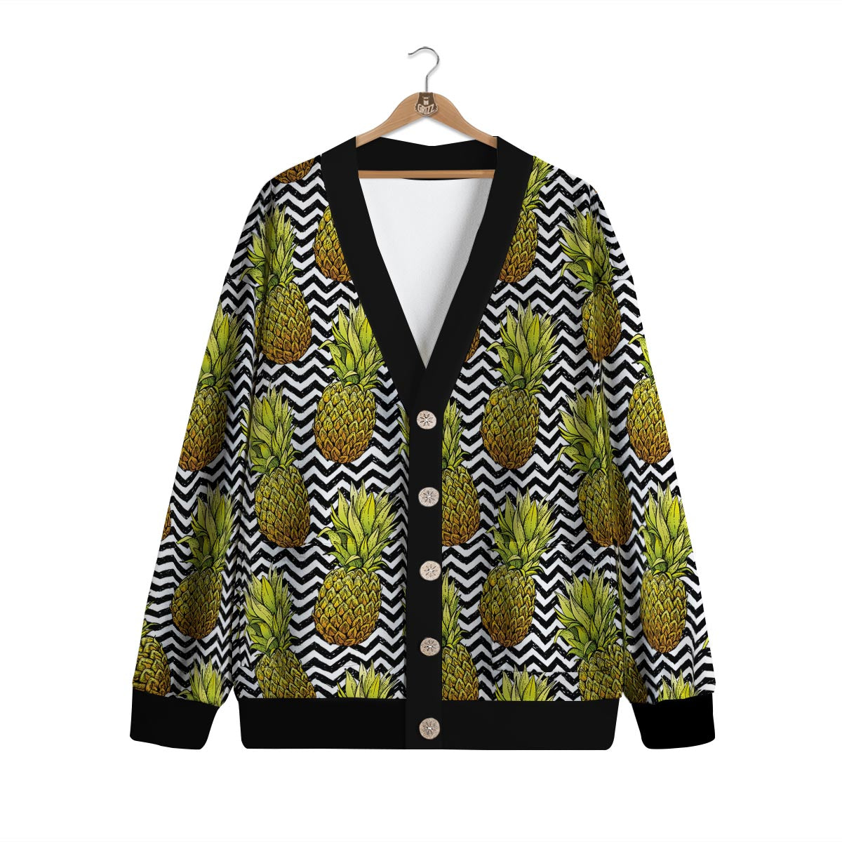 Pineapple White Zig Zag Print Pattern Cardigan-grizzshop