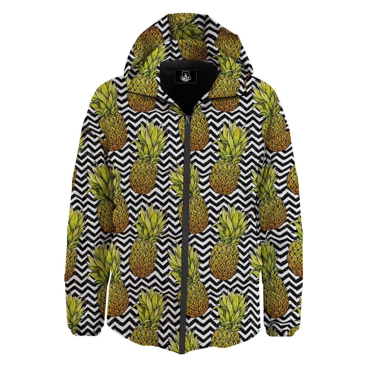 Pineapple White Zig Zag Print Pattern Down Jacket-grizzshop