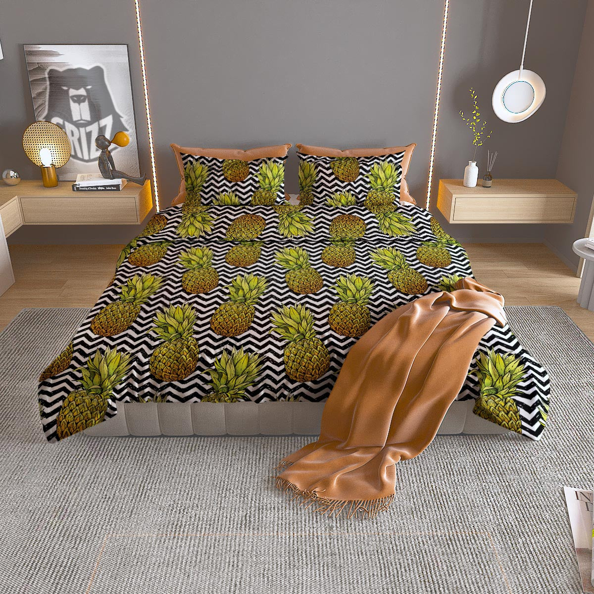 Pineapple White Zig Zag Print Pattern Duvet Cover Bedding Set-grizzshop