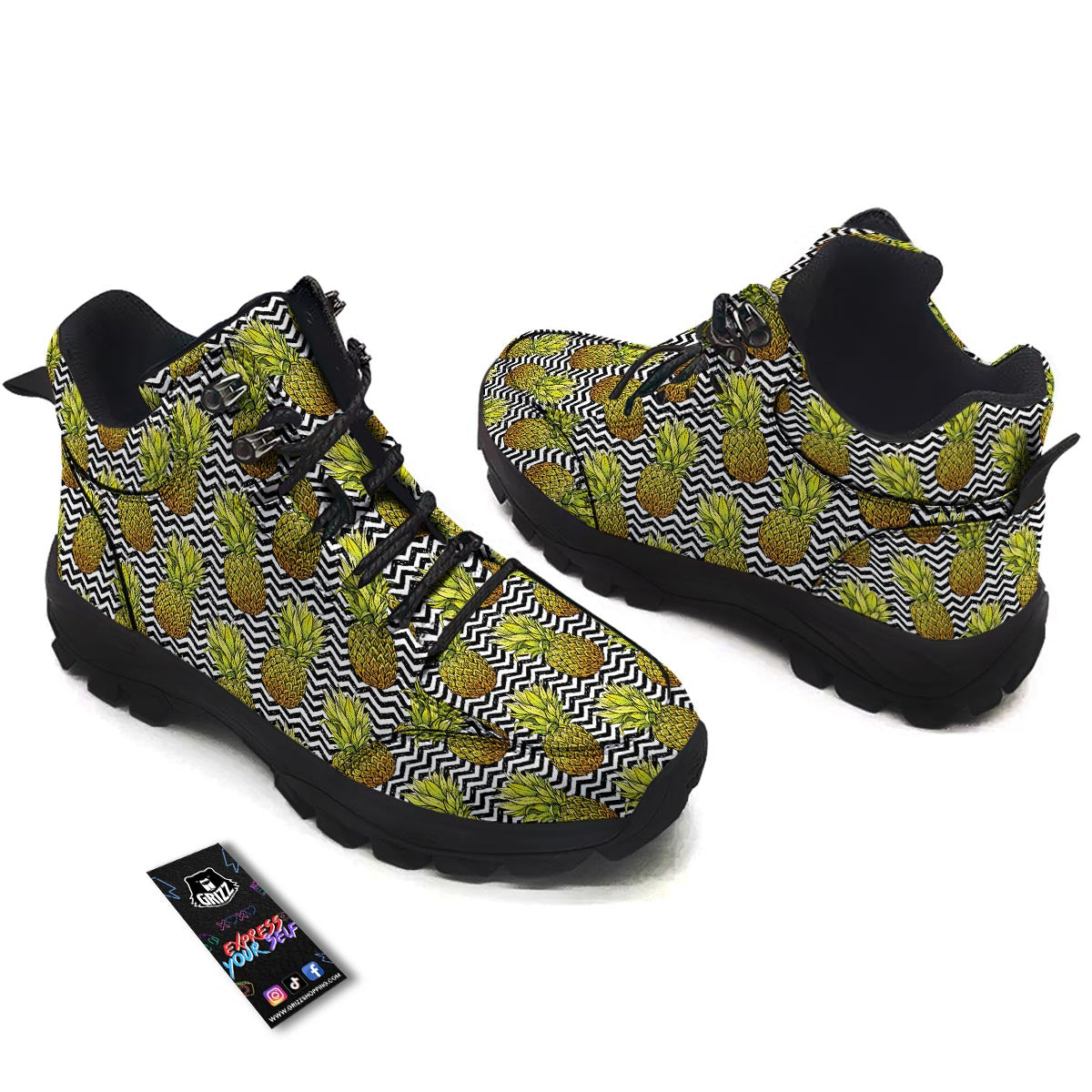 Pineapple White Zig Zag Print Pattern Hiking Shoes-grizzshop