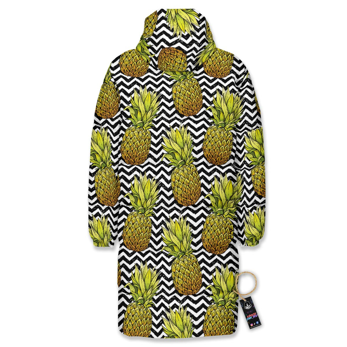 Pineapple White Zig Zag Print Pattern Long Down Jacket-grizzshop