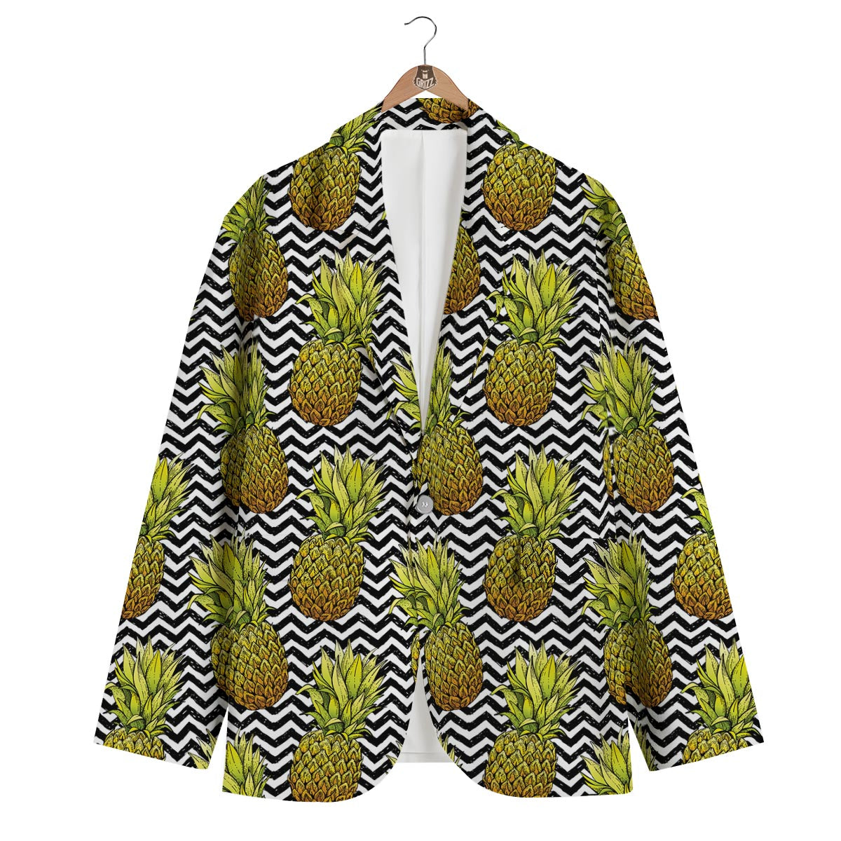 Pineapple White Zig Zag Print Pattern Men's Blazer-grizzshop