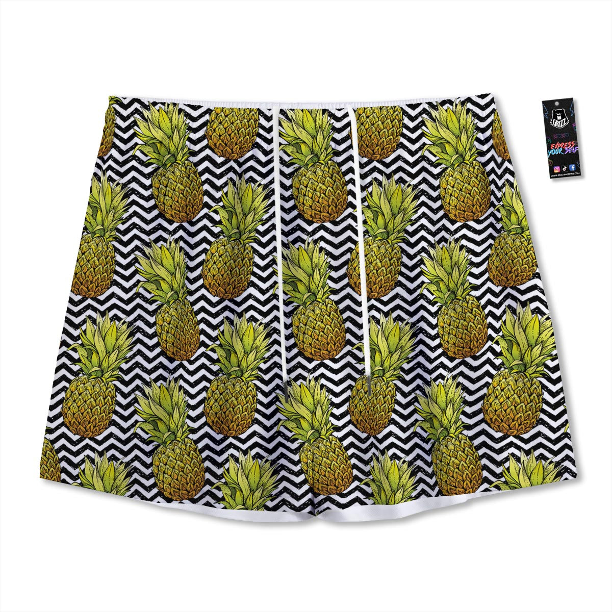 Pineapple White Zig Zag Print Pattern Mesh Shorts-grizzshop