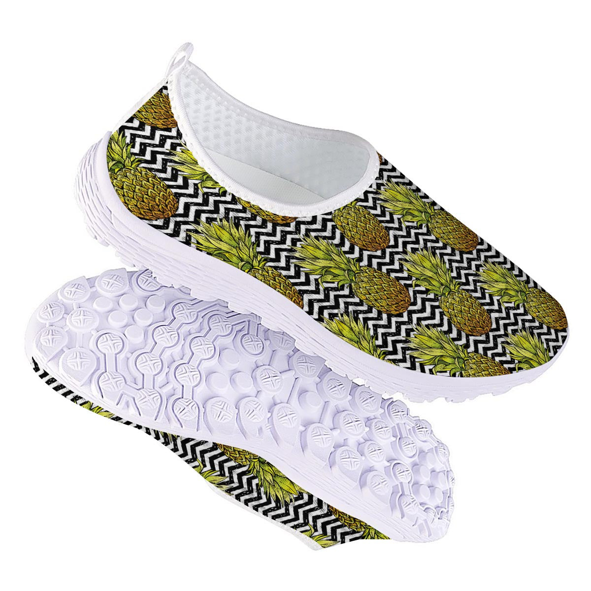 Pineapple White Zig Zag Print Pattern Nurse Shoes-grizzshop