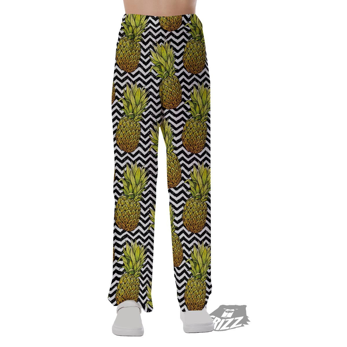 Pineapple White Zig Zag Print Pattern Pajama Pants-grizzshop