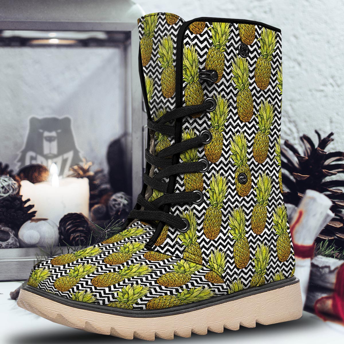 Pineapple White Zig Zag Print Pattern Snow Boots-grizzshop