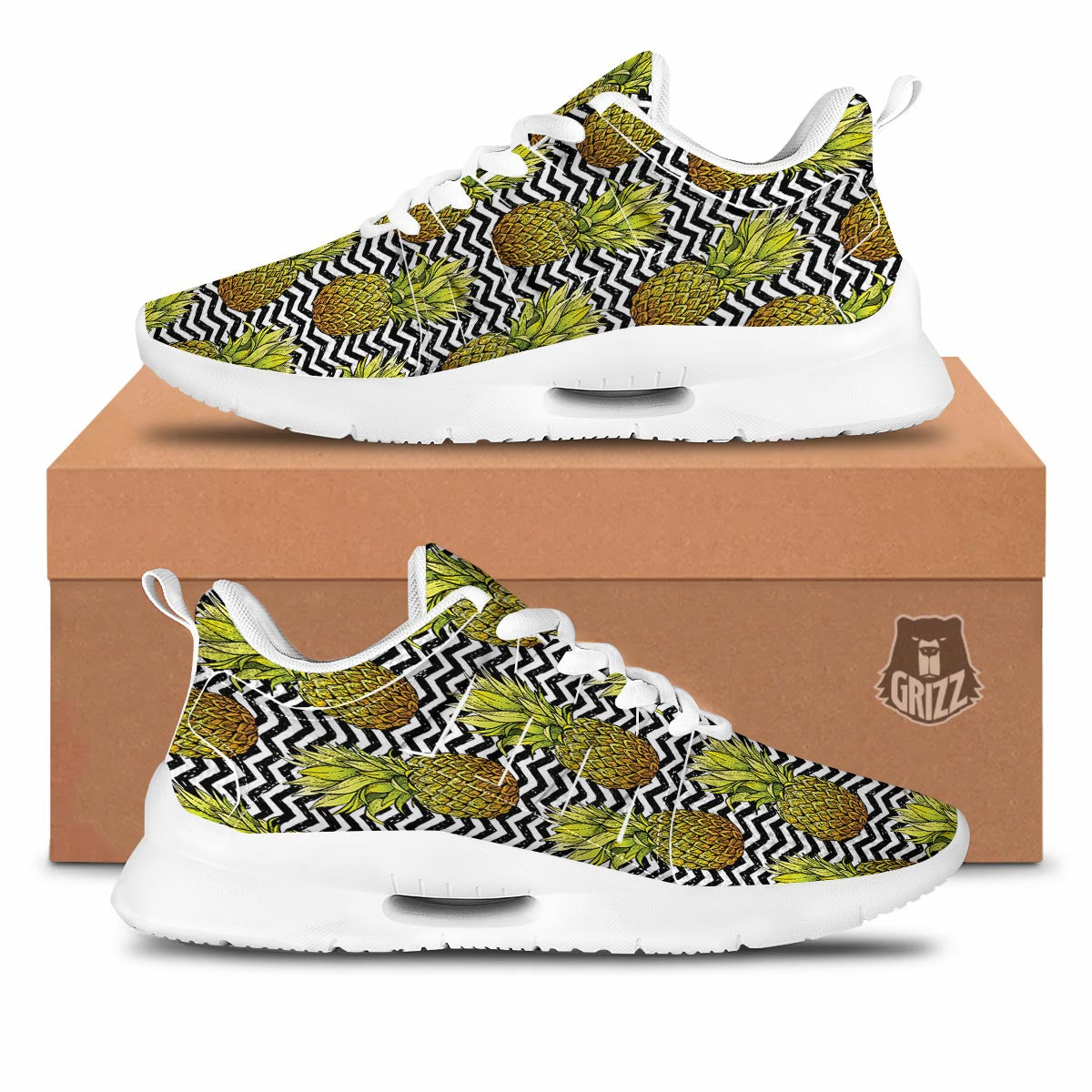 Pineapple White Zig Zag Print Pattern Tennis Shoes-grizzshop
