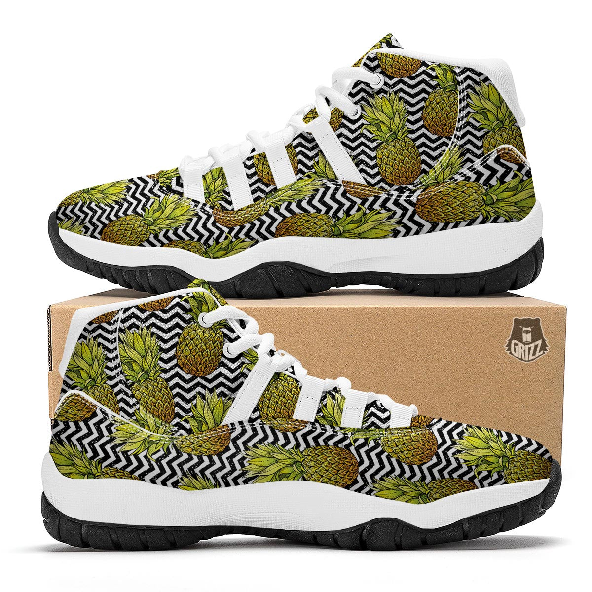 Pineapple White Zig Zag Print Pattern White Bball Shoes-grizzshop