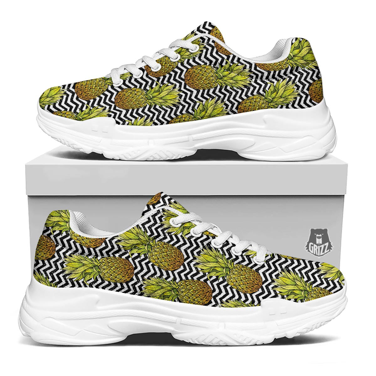 Pineapple White Zig Zag Print Pattern White Chunky Shoes-grizzshop