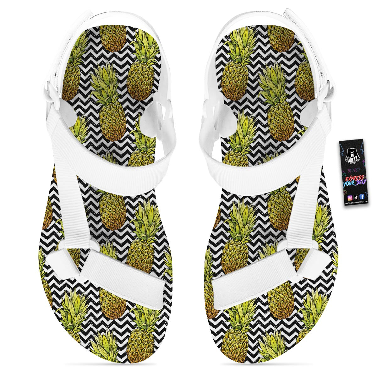 Pineapple White Zig Zag Print Pattern White Open Toe Sandals-grizzshop