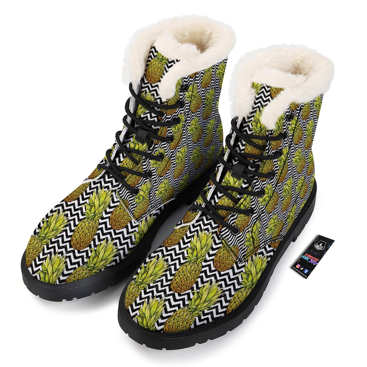 Pineapple White Zig Zag Print Pattern Winter Boots-grizzshop