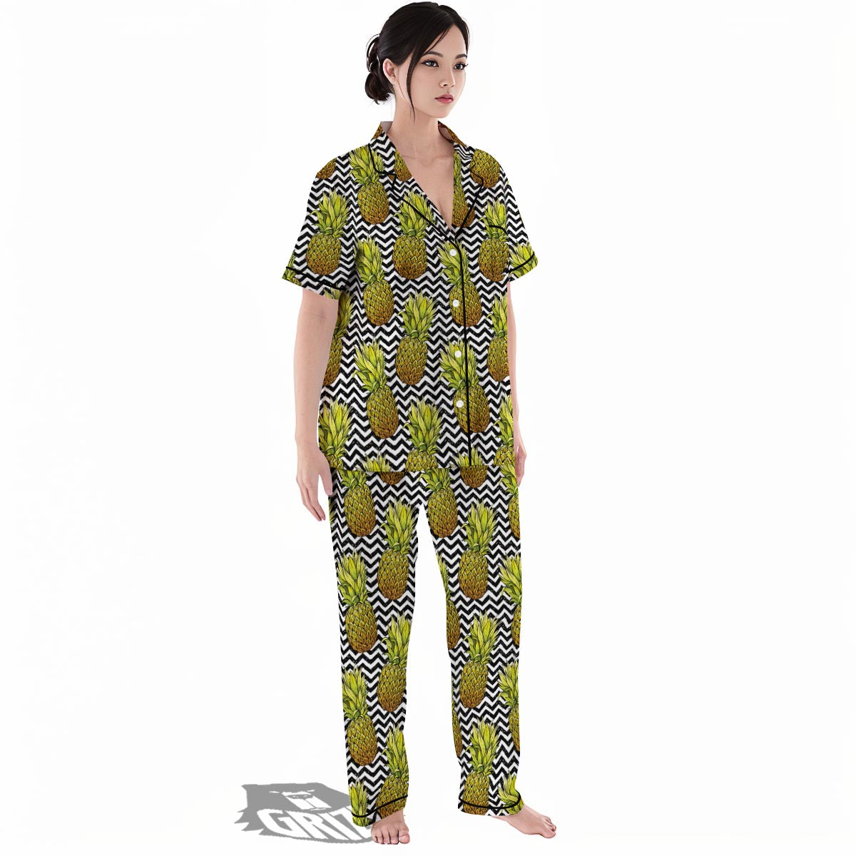 Pineapple White Zig Zag Print Pattern Women's Pajamas Set-grizzshop