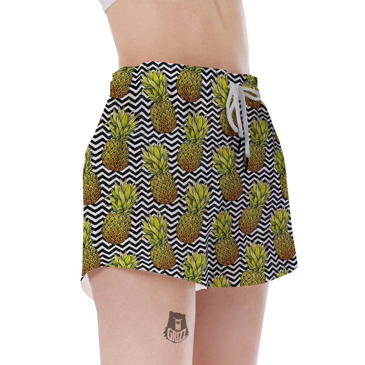 Pineapple White Zig Zag Print Pattern Women's Shorts-grizzshop