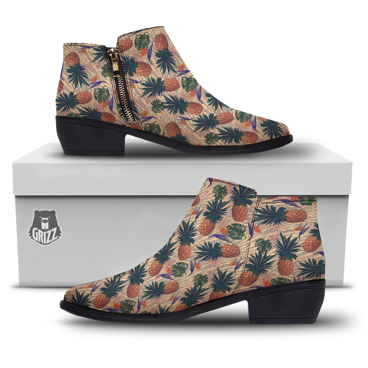 Pineapple Zebra Beige Print Pattern Ankle Boots-grizzshop