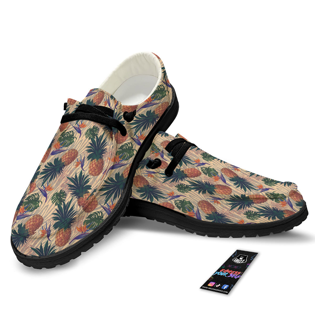 Pineapple Zebra Beige Print Pattern Black Loafers-grizzshop