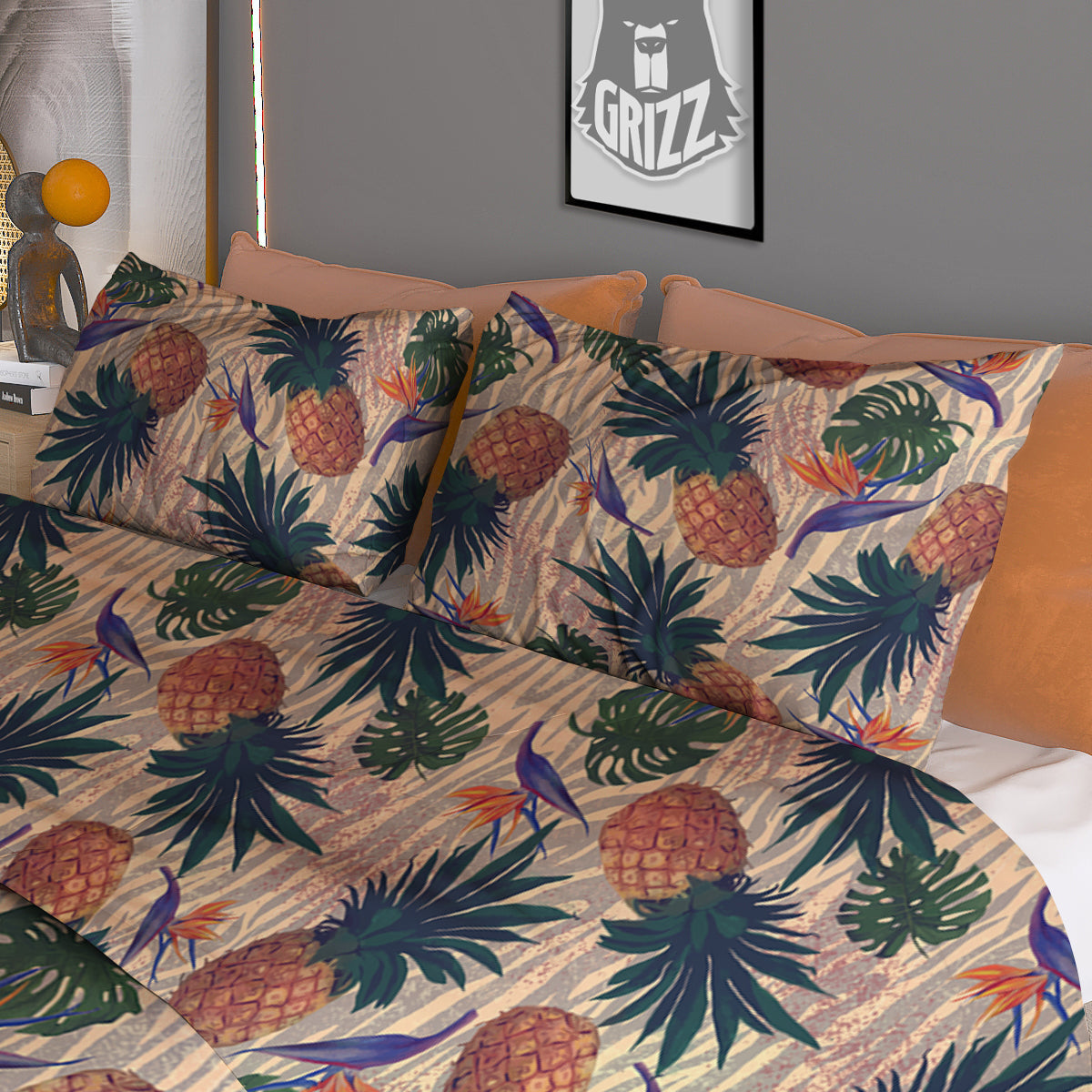 Pineapple Zebra Beige Print Pattern Duvet Cover Bedding Set
