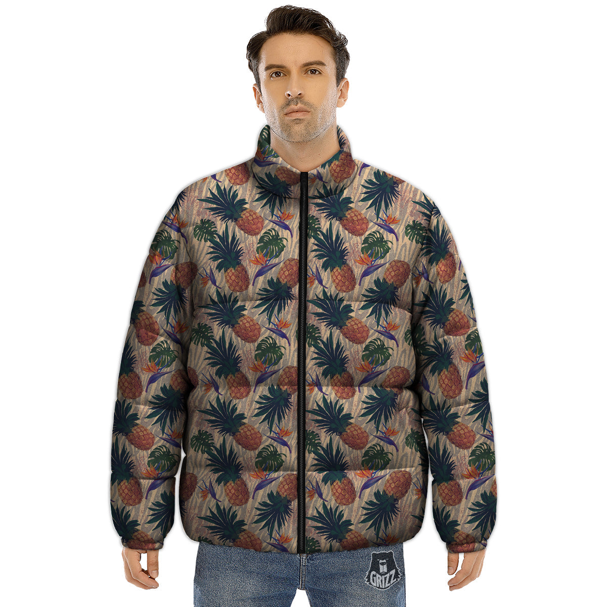 Pineapple Zebra Beige Print Pattern Puffer Jacket-grizzshop