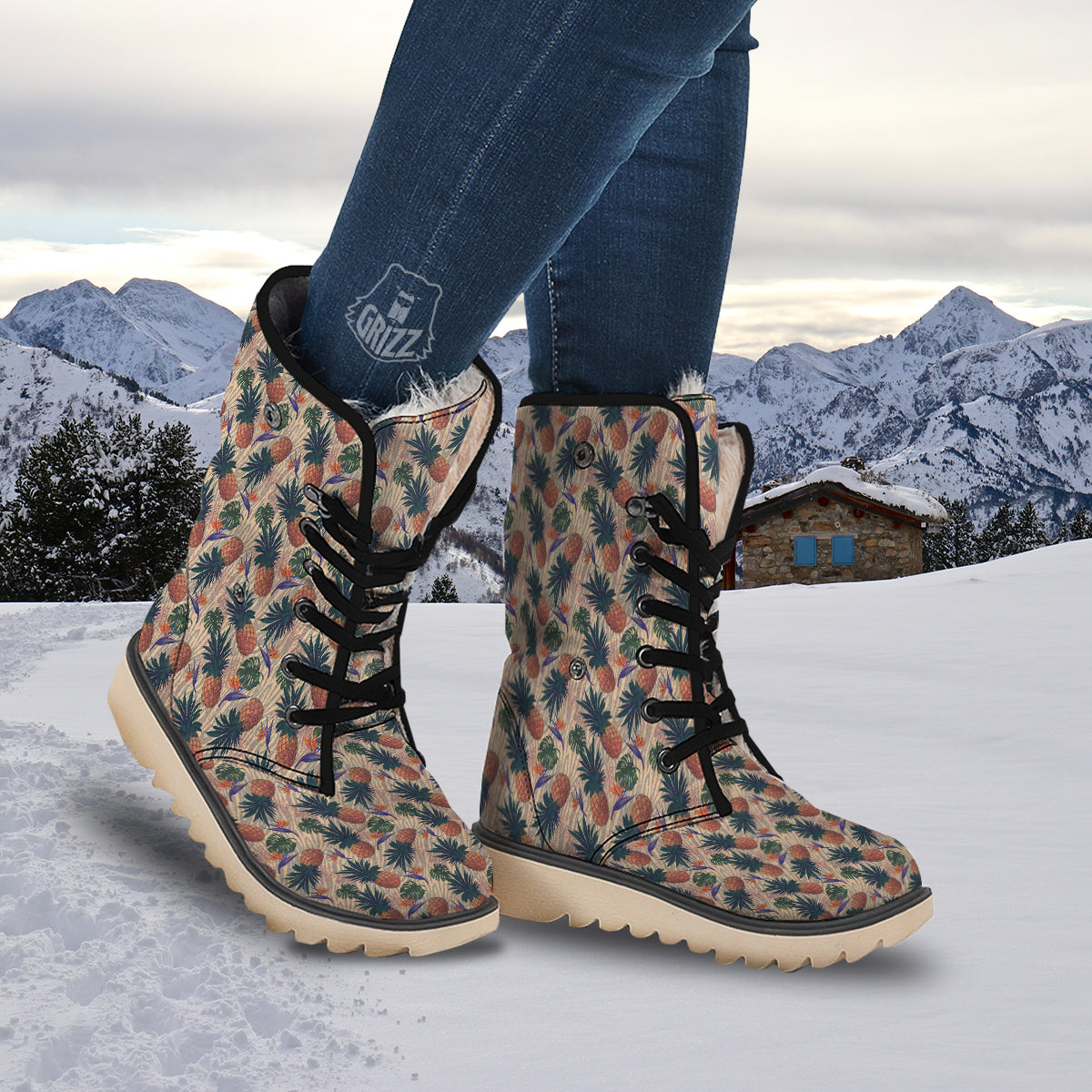 Pineapple Zebra Beige Print Pattern Snow Boots-grizzshop