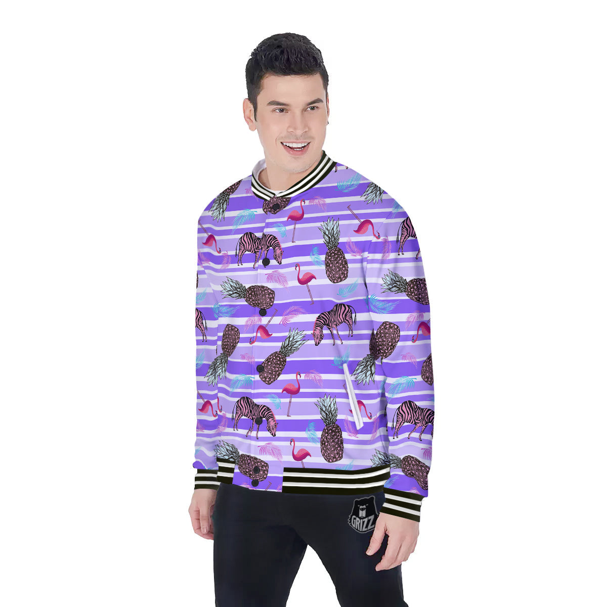 Pineapple Zebra Vintage Print Pattern Baseball Jacket-grizzshop