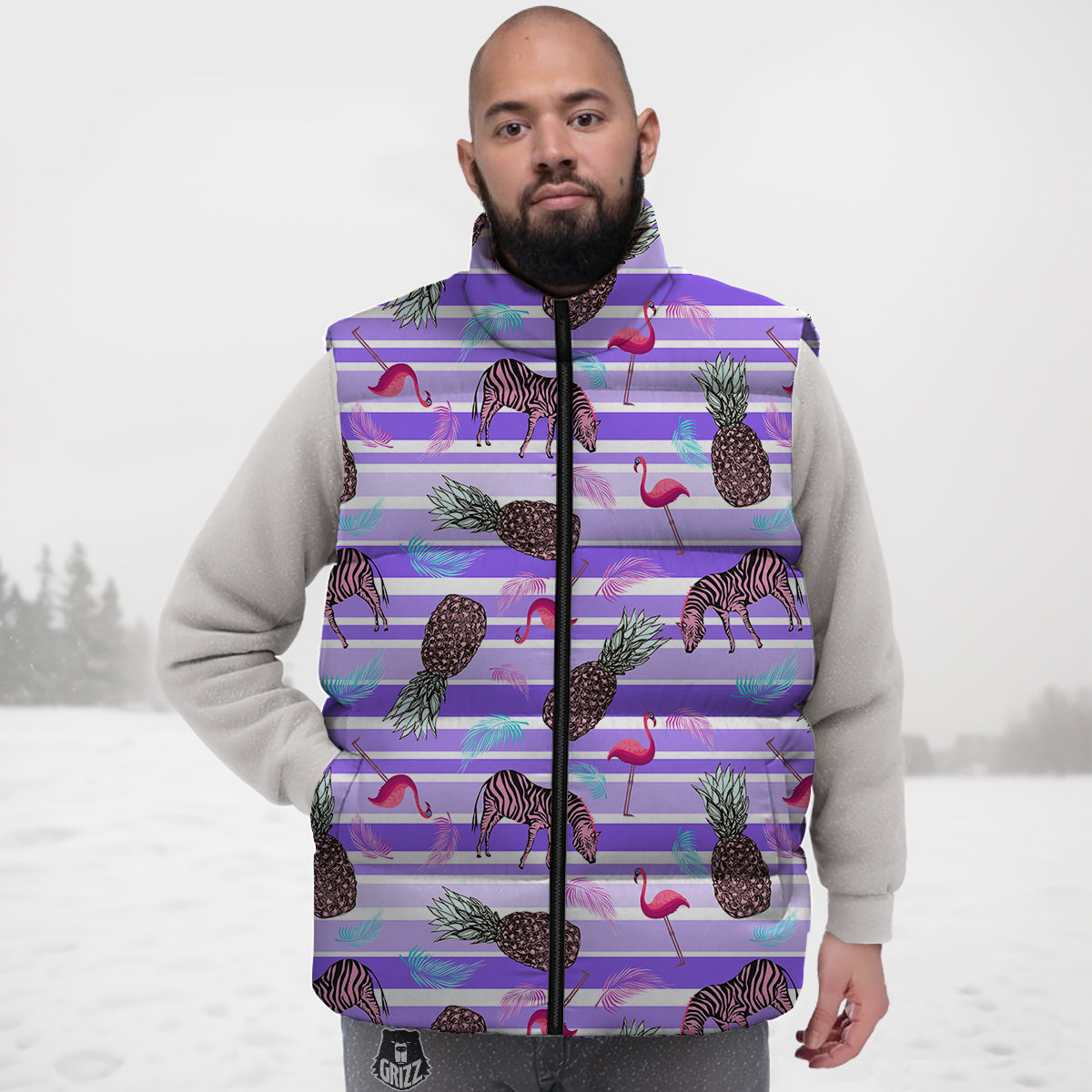 Pineapple Zebra Vintage Print Pattern Down Vest-grizzshop