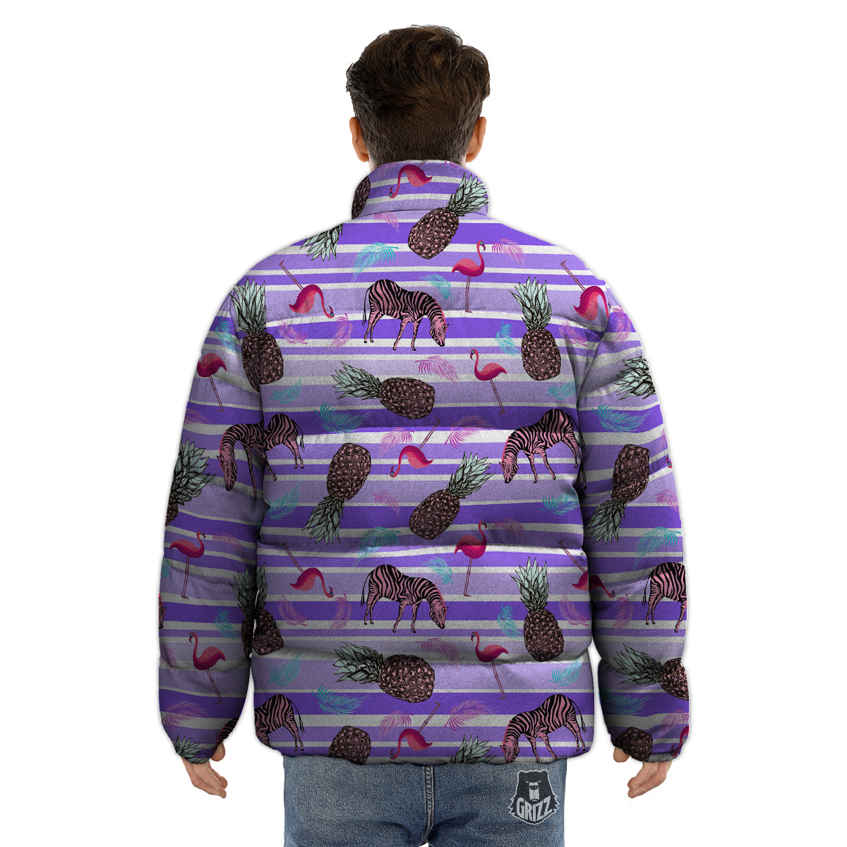 Pineapple Zebra Vintage Print Pattern Puffer Jacket-grizzshop