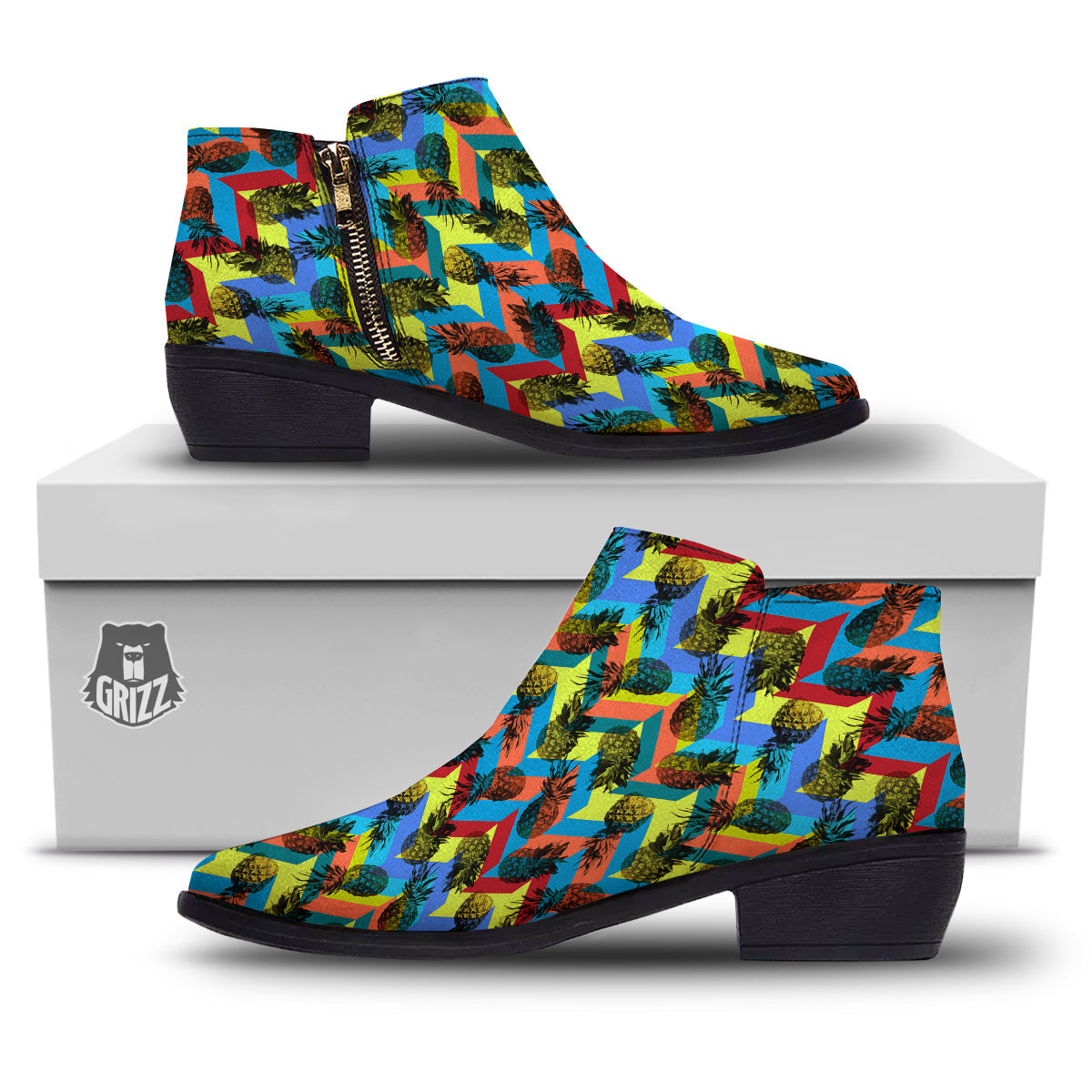 Pineapple Zigzag Print Pattern Ankle Boots-grizzshop