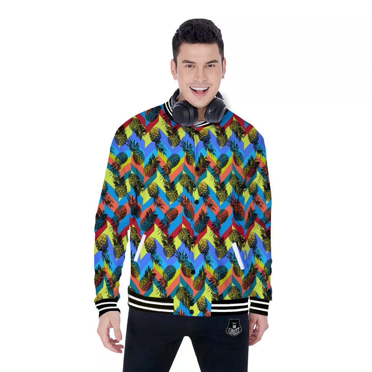 Pineapple Zigzag Print Pattern Baseball Jacket-grizzshop