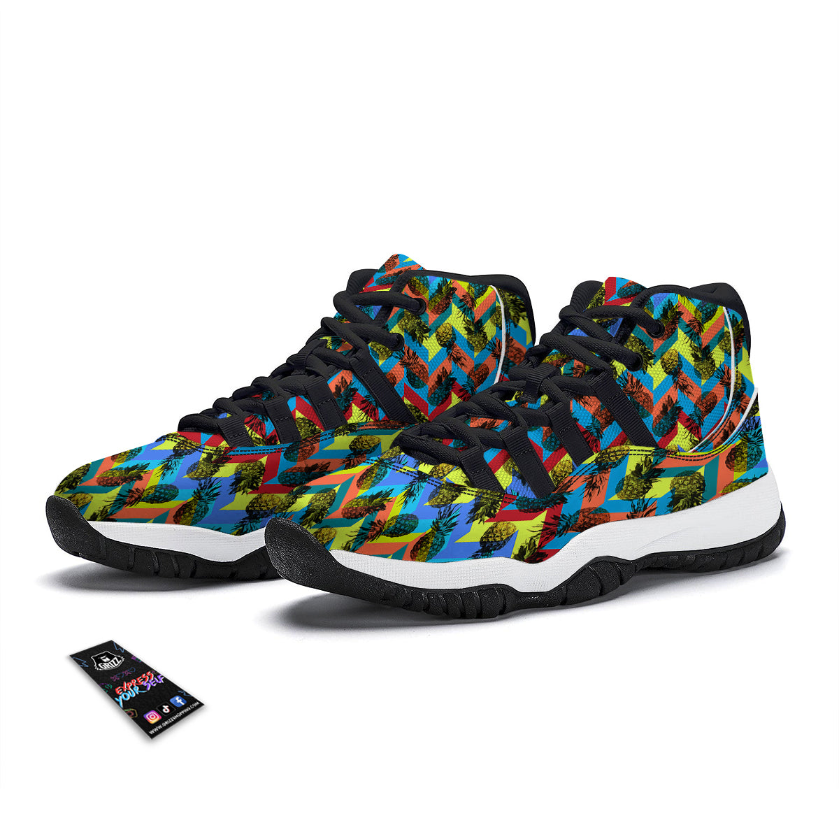 Pineapple Zigzag Print Pattern Black Bball Shoes-grizzshop