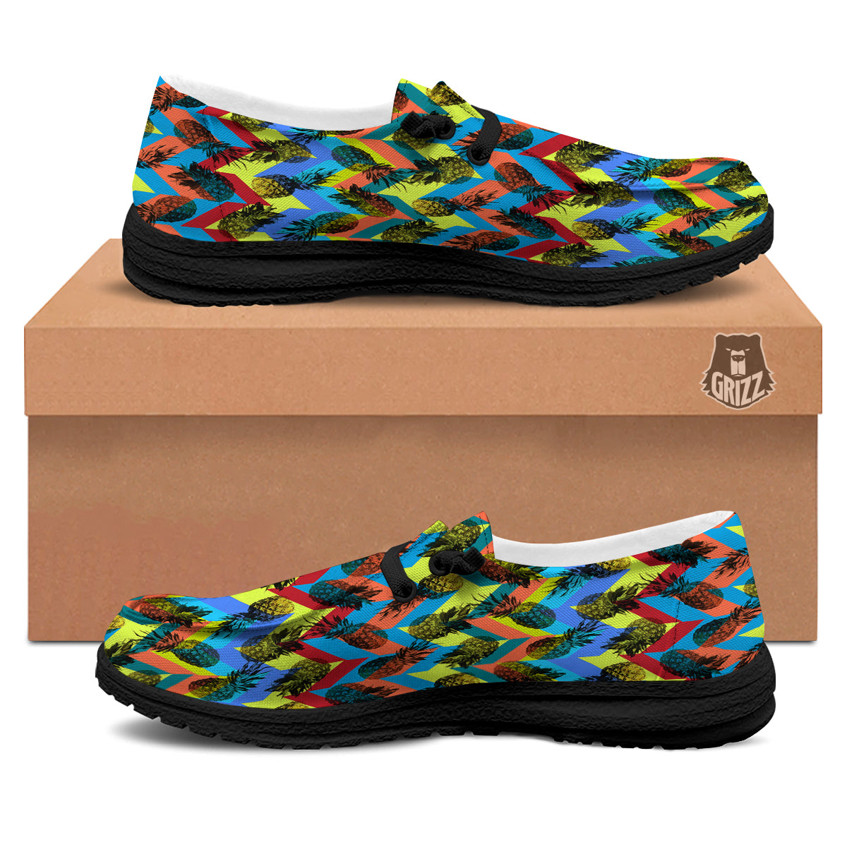 Pineapple Zigzag Print Pattern Black Loafers-grizzshop