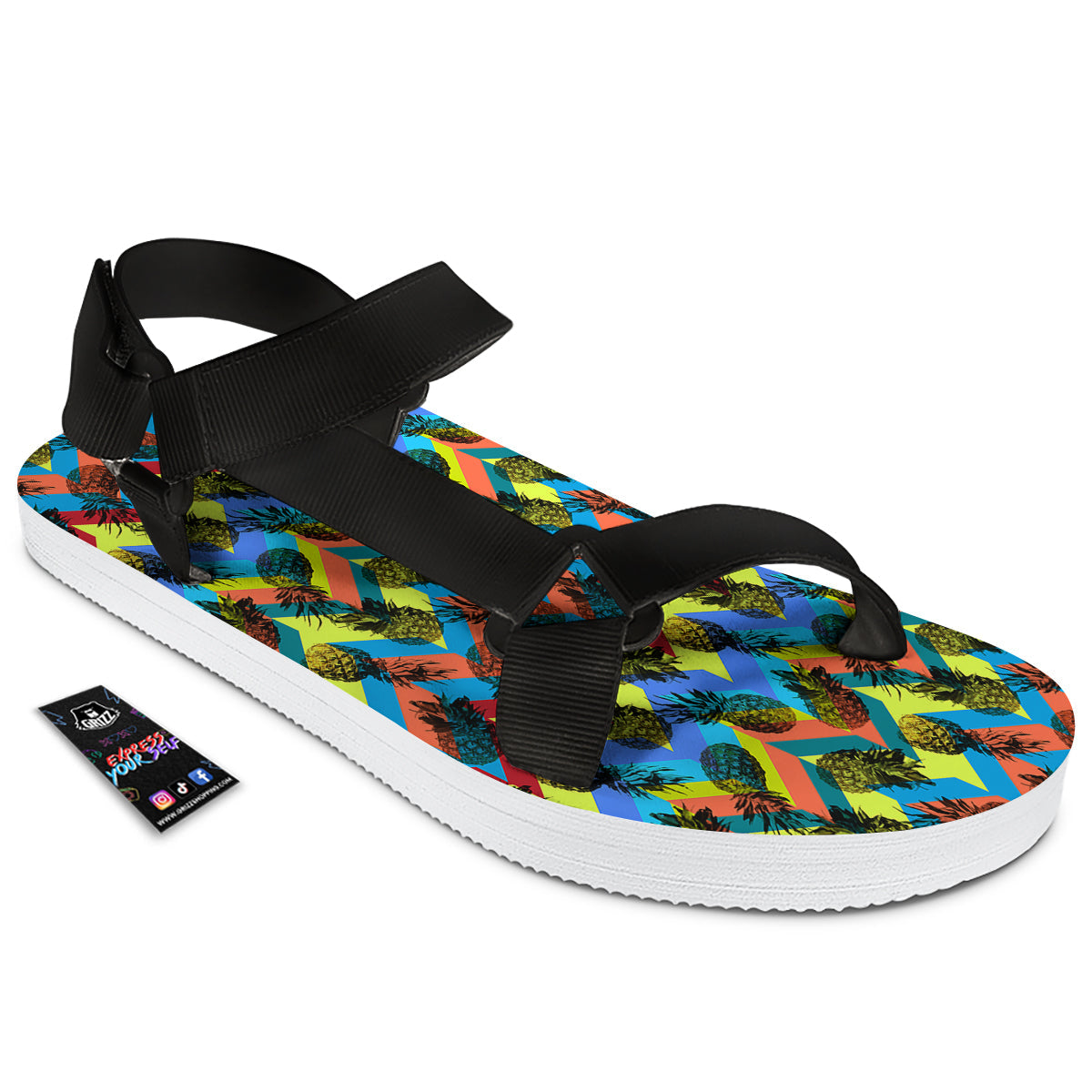 Pineapple Zigzag Print Pattern Black Open Toe Sandals-grizzshop