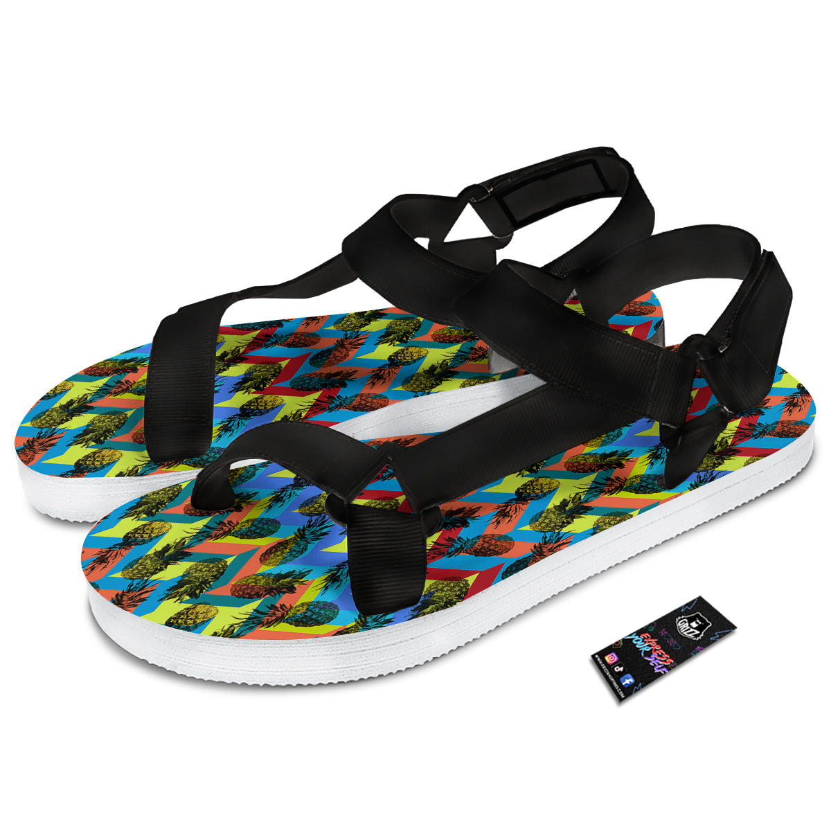 Pineapple Zigzag Print Pattern Black Open Toe Sandals-grizzshop