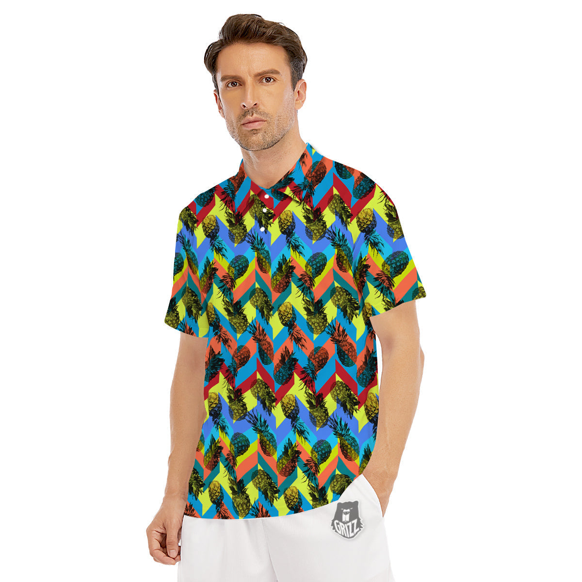 Pineapple Zigzag Print Pattern Men's Golf Shirts-grizzshop