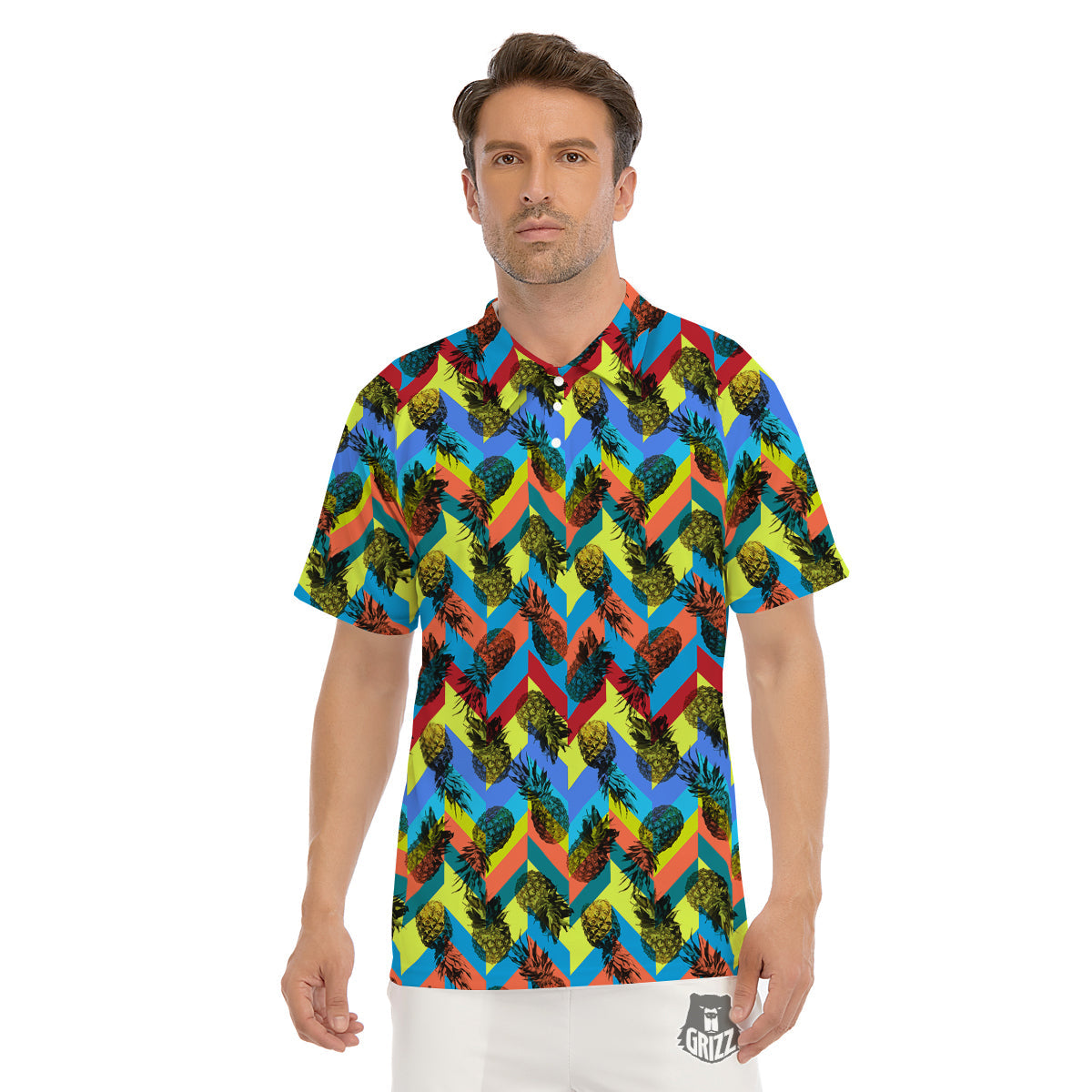 Pineapple Zigzag Print Pattern Men's Golf Shirts-grizzshop