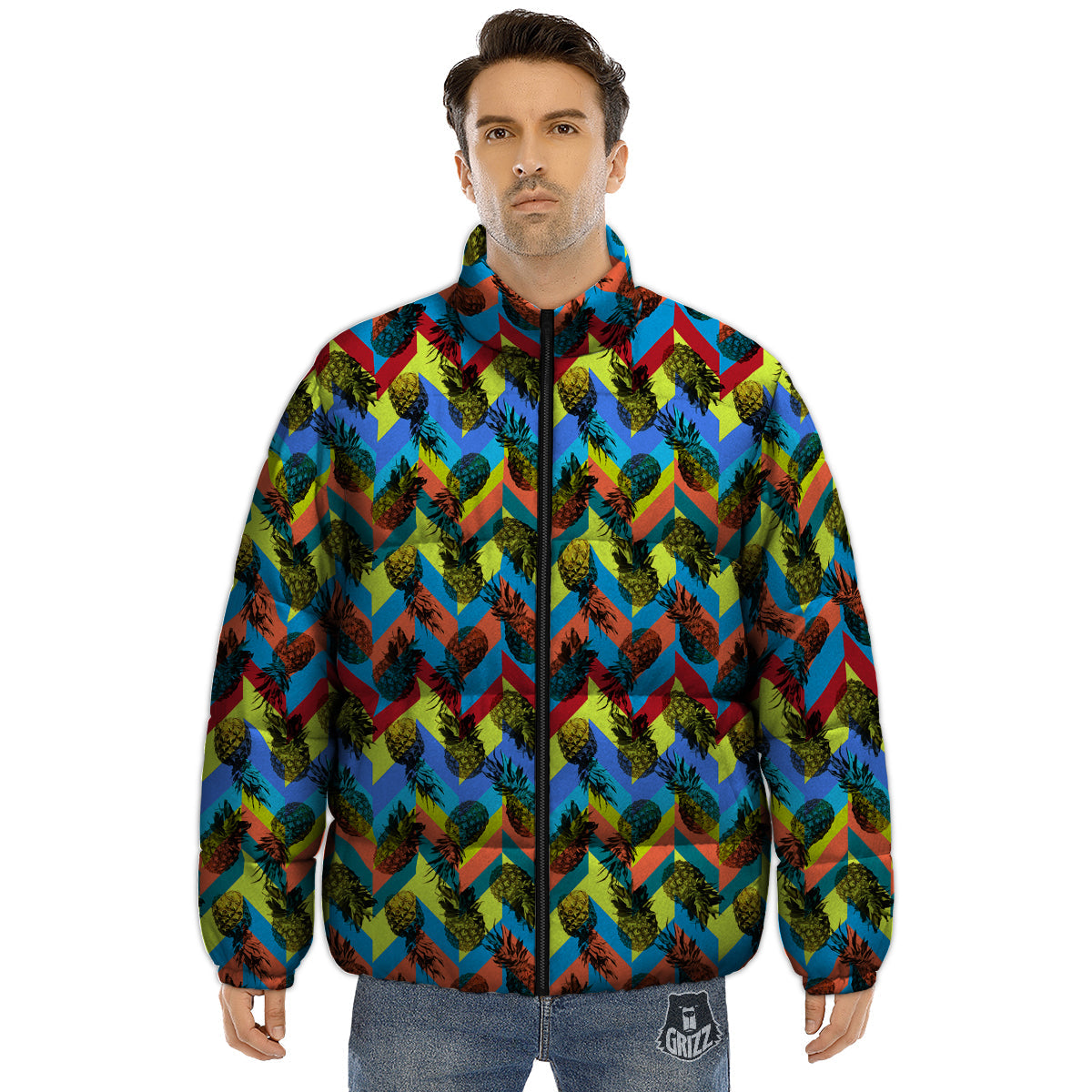 Pineapple Zigzag Print Pattern Puffer Jacket-grizzshop